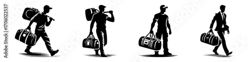 Modern Minimalist Man Carrying Duffel Bag Icon, Flat Silhouette of a Travel Figure Vector for Adventure Illustration Design