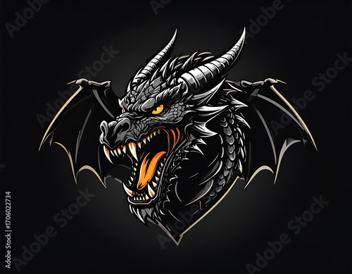 Fierce dragon head with wings