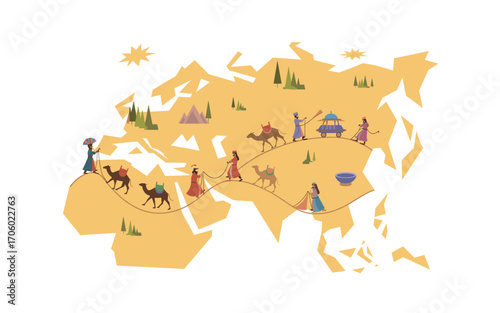 The Silk Road Illustration: A Colorful Journey Through Asia with Camels, Traders, and a Vintage Map Depicting the Ancient Route