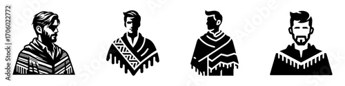 Modern Minimalist Man Wearing Poncho Half-Body Icon, Flat Silhouette of a Casual Figure Vector for Traditional Illustration Design