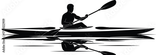 Kayaking silhouette on calm water, outdoor adventure sport, nature reflection, paddling activity, black and white vector, minimalist style