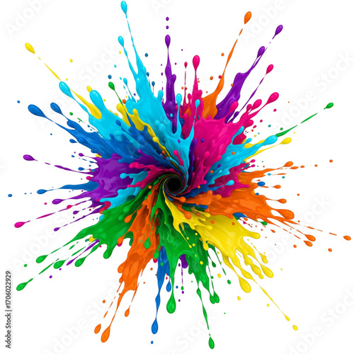 Abstract vibrant color splash with a dynamic rainbow paint explosion and central dark vortex on a clean white background.