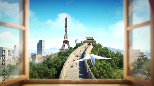 Window view Eiffel Tower, Great Wall, city; travel dream