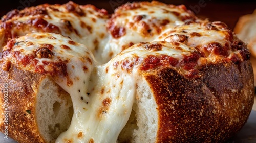 A crusty round bread bowl oozes with melted cheese and tomato sauce.  A corner slice is missing exposing the fluffy bread