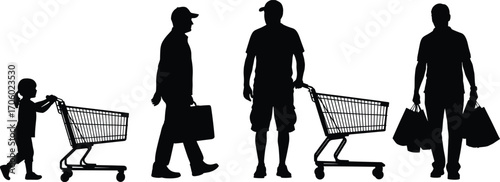 Silhouette of people shopping, child with cart, adults with bags, retail activity, consumer behavior, black vector, isolated on white background