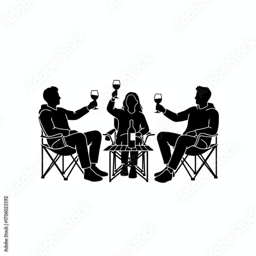 Vector art of silhouette of friends toasting wine glasses at picnic table, celebrating special occasion