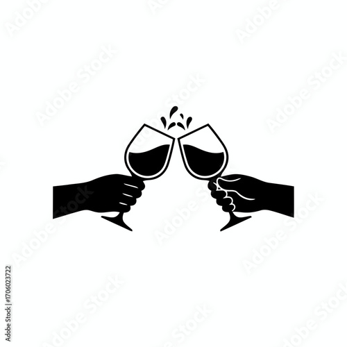 Vector art of silhouette of hands toasting wine glasses with splash, celebrating success, achievement, or special occasion with friends