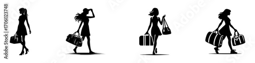 Modern Minimalist Woman Carrying Duffel Bag Icon, Flat Silhouette of a Female Character Vector for Travel and Lifestyle Illustration Design