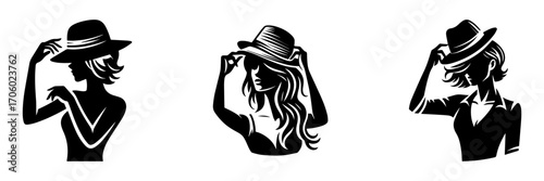 Modern Minimalist Woman Half Body Wearing Retro Hat Icon, Flat Silhouette of a Female Character Vector for Fashion and Vintage Illustration Design