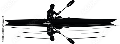 Silhouette of person kayaking on calm water, outdoor adventure, peaceful lake reflection, paddling sport, nature activity, minimalist vector