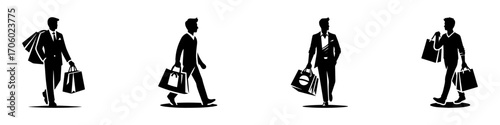 Modern Minimalist Man Carrying Shopping Bag Icon, Flat Silhouette of a Casual Figure Vector for Retail Illustration Design