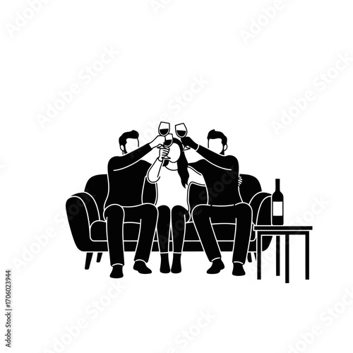 Vector art of group of friends toasting wine glasses on sofa celebrating friendship and special moments with a cheerful toast