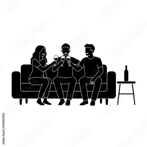 Vector art of group of friends toasting wine glasses on sofa celebrating friendship and special moments with a cheerful toast
