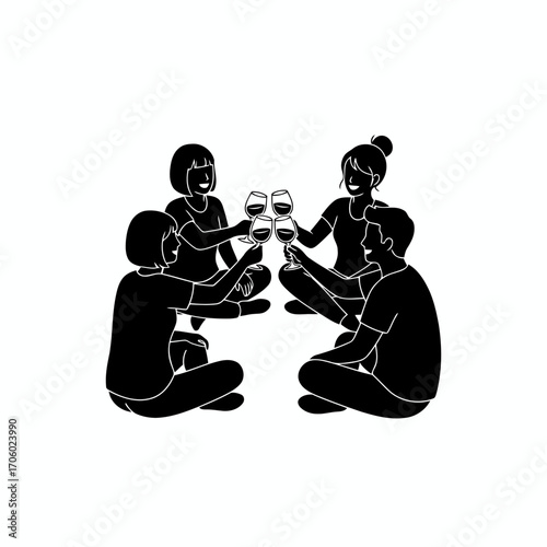 Vector art of group of friends sitting in a circle toasting wine glasses celebrating friendship and enjoying time together