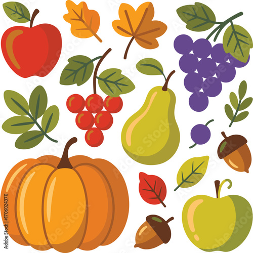 Colorful Autumn Harvest Vector Set Seasonal Fruits, Leaves, Pumpkins, and Nature Illustrations