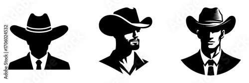 Modern Minimalist Man Wearing Cowboy Hat Icon, Flat Silhouette of a Western Style Figure Vector for Country Illustration Design
