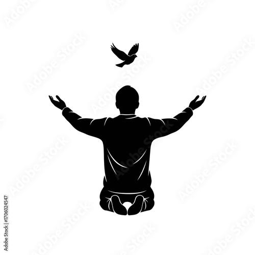 Vector art of man kneeling with arms outstretched and a bird flying above him symbolizes hope, freedom, and spiritual connection