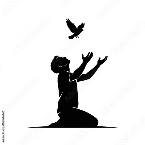 Vector art of silhouette of a man kneeling with arms raised and a bird flying above him symbolizes hope and spiritual connection