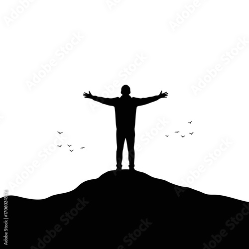 Vector art of silhouette of a man standing on a hill with arms outstretched, birds flying around symbolizes freedom and achievement