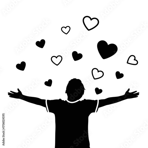 Vector art of silhouette of a happy man with open arms surrounded by hearts, love, happiness, and positive emotion concept
