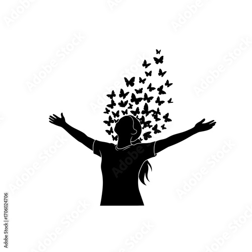 Vector art of a woman with open arms and butterflies flying away, representing freedom, transformation, and beauty