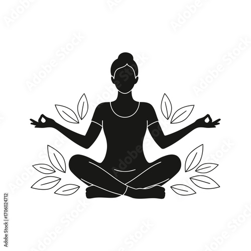 Vector art of silhouette of a woman in lotus position surrounded by leaves a serene scene of mindfulness and nature