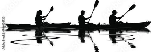 Silhouette kayaking illustration, active paddling on water, reflection art, outdoor sport vector, peaceful lake scene, minimalist design, adventure concept, stock graphic