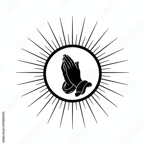 Vector art of praying hands with light rays symbol of faith, spirituality, and hope in a minimalist black and white design