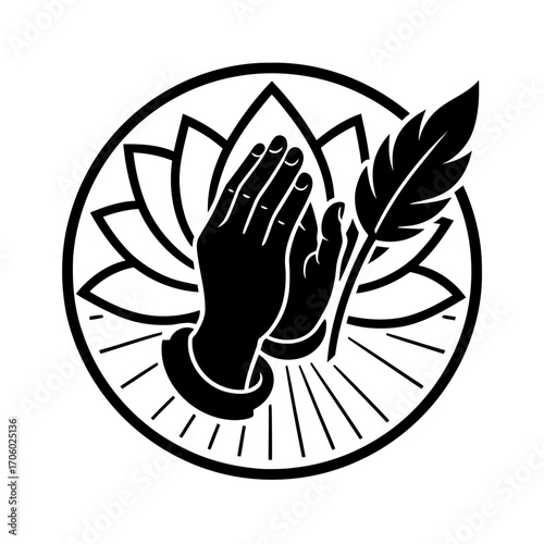 Vector art of praying hands with lotus and feather symbol of peace, enlightenment, and creativity in a minimalist design