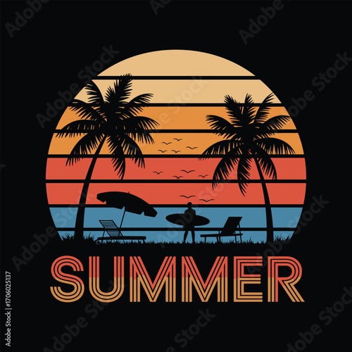 Summer Sunset Beach Illustration – Palm Trees, Chairs and Surfboard Silhouette Design