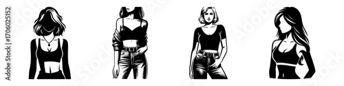 Modern Minimalist Woman Half Body Wearing Crop Top Icon, Flat Silhouette of a Female Character Vector for Fashion and Lifestyle Illustration Design