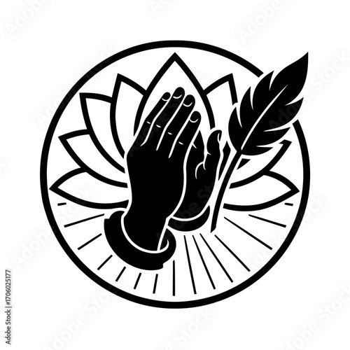 Vector art of praying hands with lotus and feather symbol of peace, enlightenment, and creativity in a minimalist design