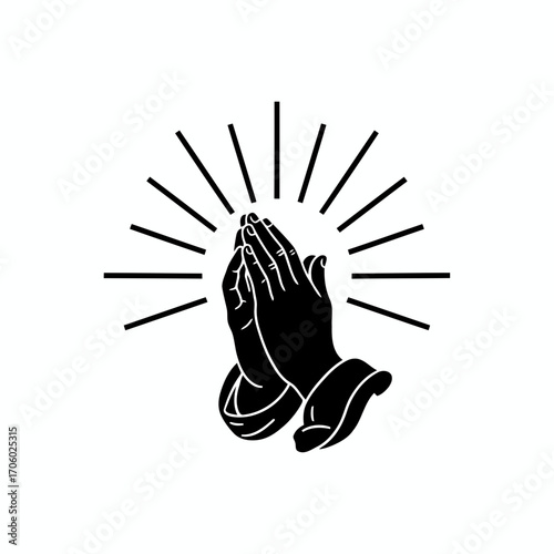 Vector art of praying hands with rays, conveying reverence, supplication, and a connection to the divine, representing inner peace and solace