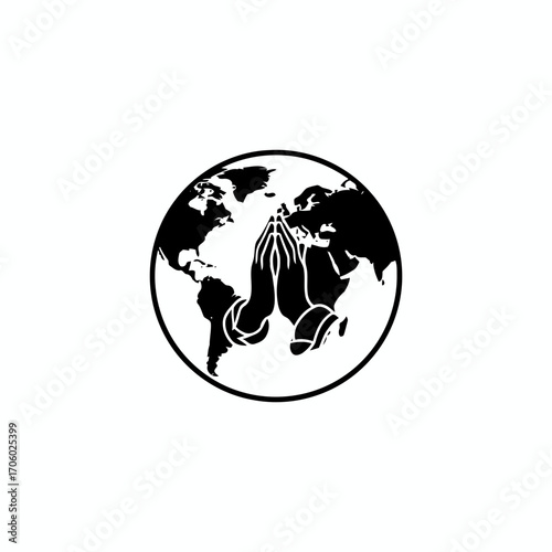 Vector art of praying hands superimposed on a world map, representing global faith, unity, and prayer for peace and understanding