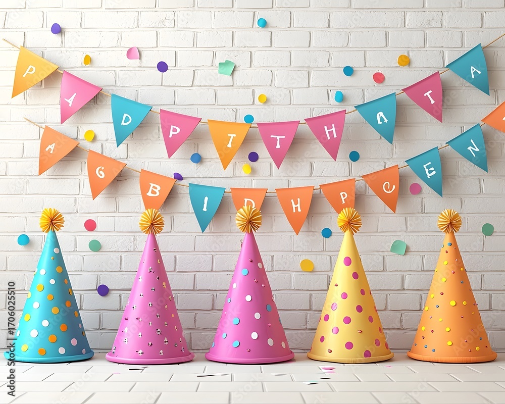 Obraz premium A colorful birthday party setup featuring festive banners and bright party hats against a white brick wall