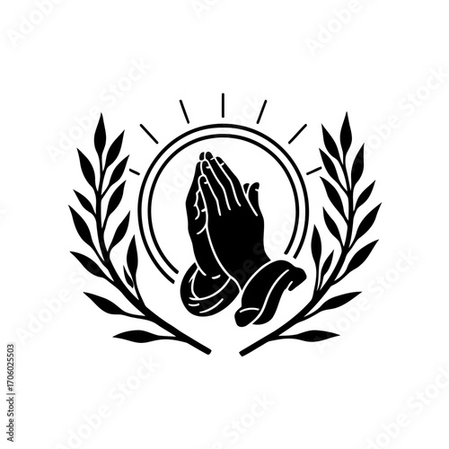 Vector art of praying hands with sunburst and laurel wreath symbol of faith, hope, and spirituality in a classic design