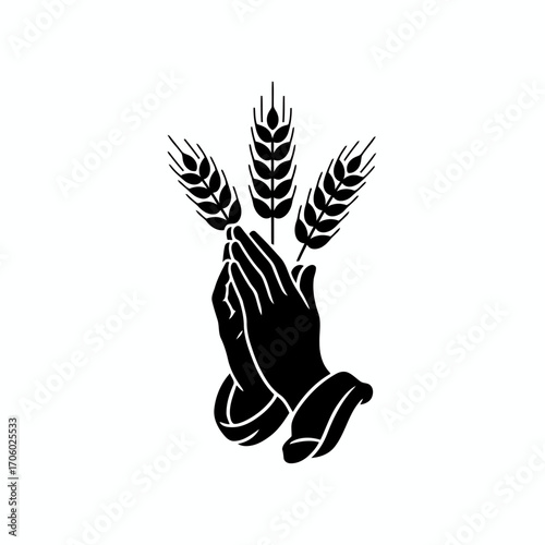 Vector art of praying hands holding wheat symbol of gratitude, harvest, and abundance in a simple black and white design