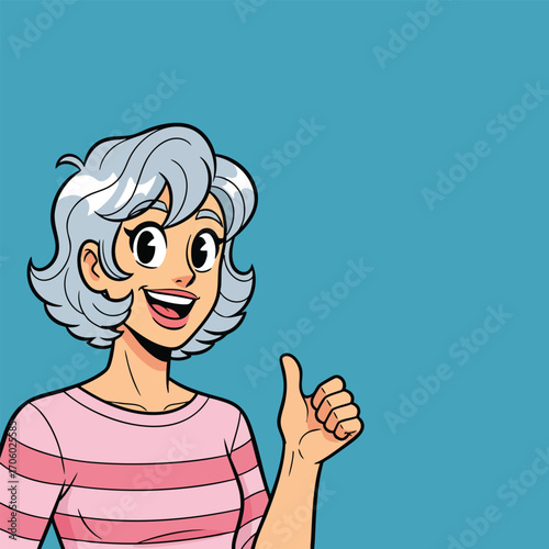 A happy cartoon woman with short stylish blue hair giving a positive thumbsup gesture.