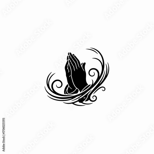 Vector art of praying hands embraced by swirling patterns, conveying serenity and spiritual connection, a symbol of inner peace