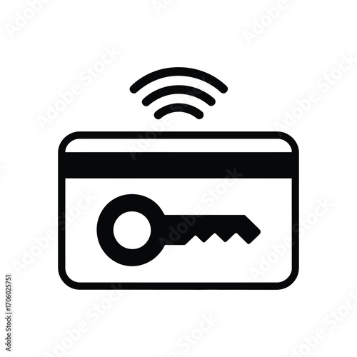 Minimalist black and white icon of a credit card with key and wireless symbol representing secure contactless payment on white background