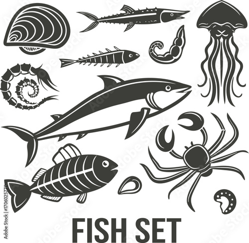 Sea Animal Set. Fishing Vector illustration Silhouette