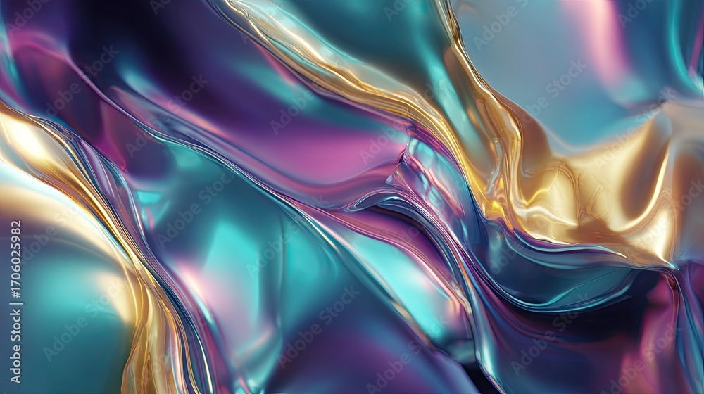 Obraz premium Glassy fluid abstract background with a golden oil slick pattern, neon violet and teal accents, reflective metallic feel, realistic studio lighting, smooth transitions