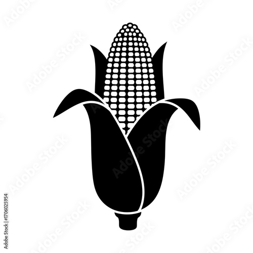 Vector art of black and white vector illustration of an ear of corn, showcasing its kernels and husk in a simple design