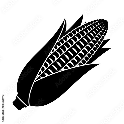 Vector art of black and white vector illustration of an ear of corn, showcasing its kernels and husk in a simple design