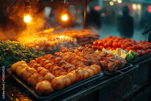 Night market in Japan with mobile street food stalls