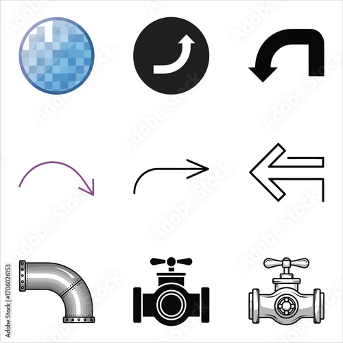 Various icons including arrows, pipes, and valves on a white background