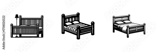 Modern Minimalist Wooden Bed Icon, Flat Silhouette of a Rustic Furniture Vector for Bedroom Illustration Design