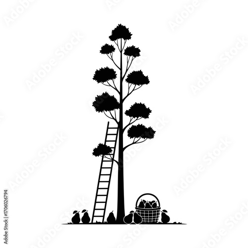 Vector art of a tall tree with a ladder, basket, and birds, depicting a scene of harvesting or observing nature