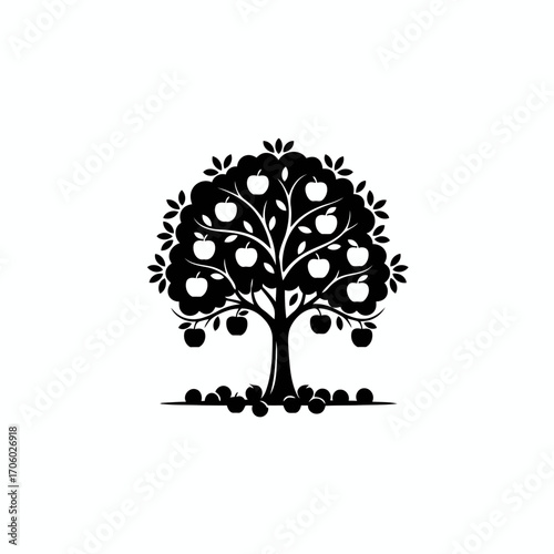 Vector art of silhouette of an apple tree full of fruit, a symbol of abundance, harvest, and the bounty of nature in autumn