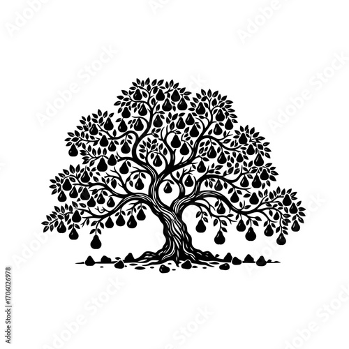 Vector art of silhouette of a pear tree full of fruits, symbolizing abundance, harvest, and the beauty of nature in a vintage style